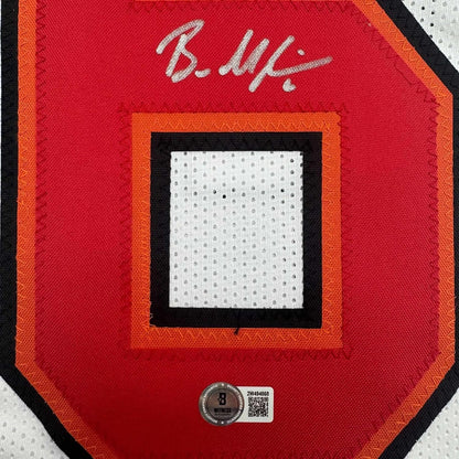 Framed Autographed/Signed Baker Mayfield 35x39 Tampa Bay White Football Jersey Beckett BAS COA