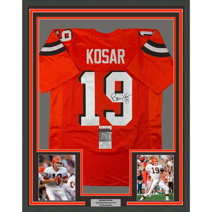 Framed Autographed/Signed Bernie Kosar 35x39 Cleveland Orange Football Jersey JSA COA