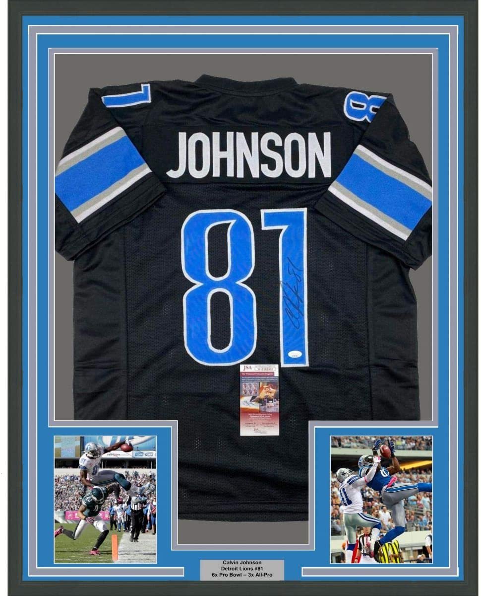 Framed Autographed/Signed Calvin Johnson 35x39 Detroit Black Football Jersey JSA COA