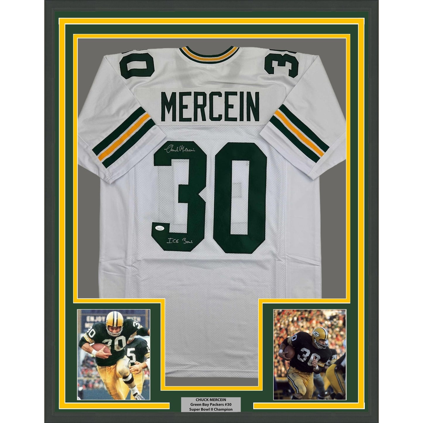 Framed Autographed/Signed Chuck Mercein 35x39 Ice Bowl Green Bay White Football Jersey JSA COA