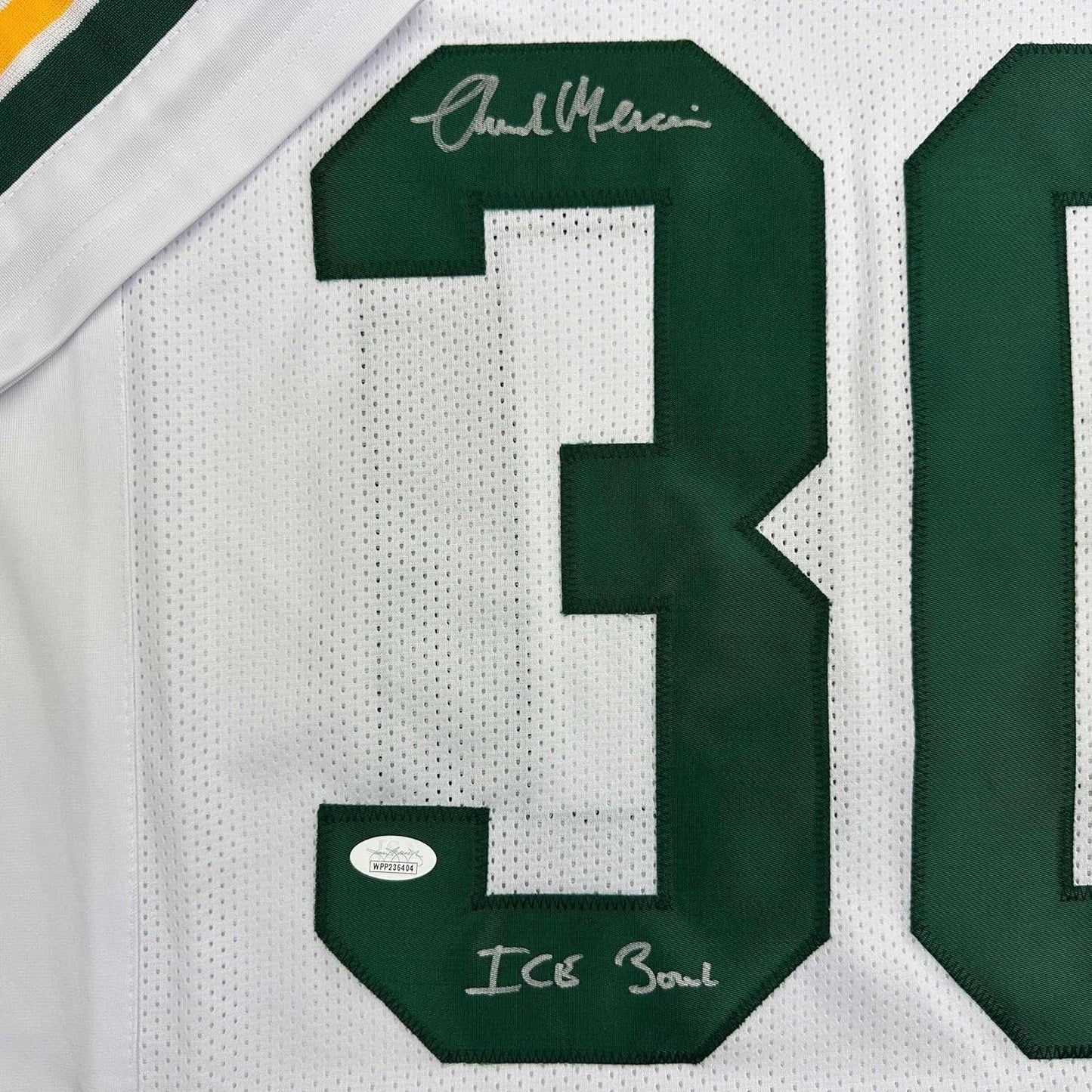 Framed Autographed/Signed Chuck Mercein 35x39 Ice Bowl Green Bay White Football Jersey JSA COA