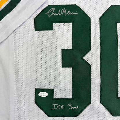Framed Autographed/Signed Chuck Mercein 35x39 Ice Bowl Green Bay White Football Jersey JSA COA