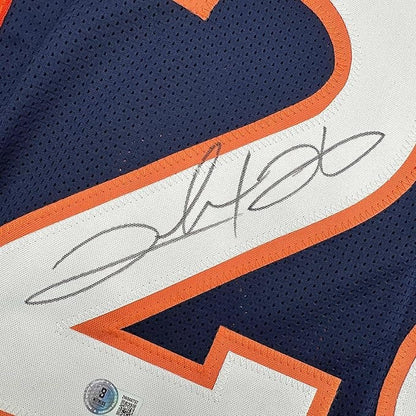 Framed Autographed/Signed Clinton Portis 35x39 Denver Blue Football Jersey Beckett BAS COA