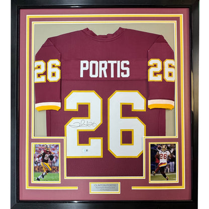Framed Autographed/Signed Clinton Portis 35x39 Washington Burgundy Football Jersey Beckett BAS COA