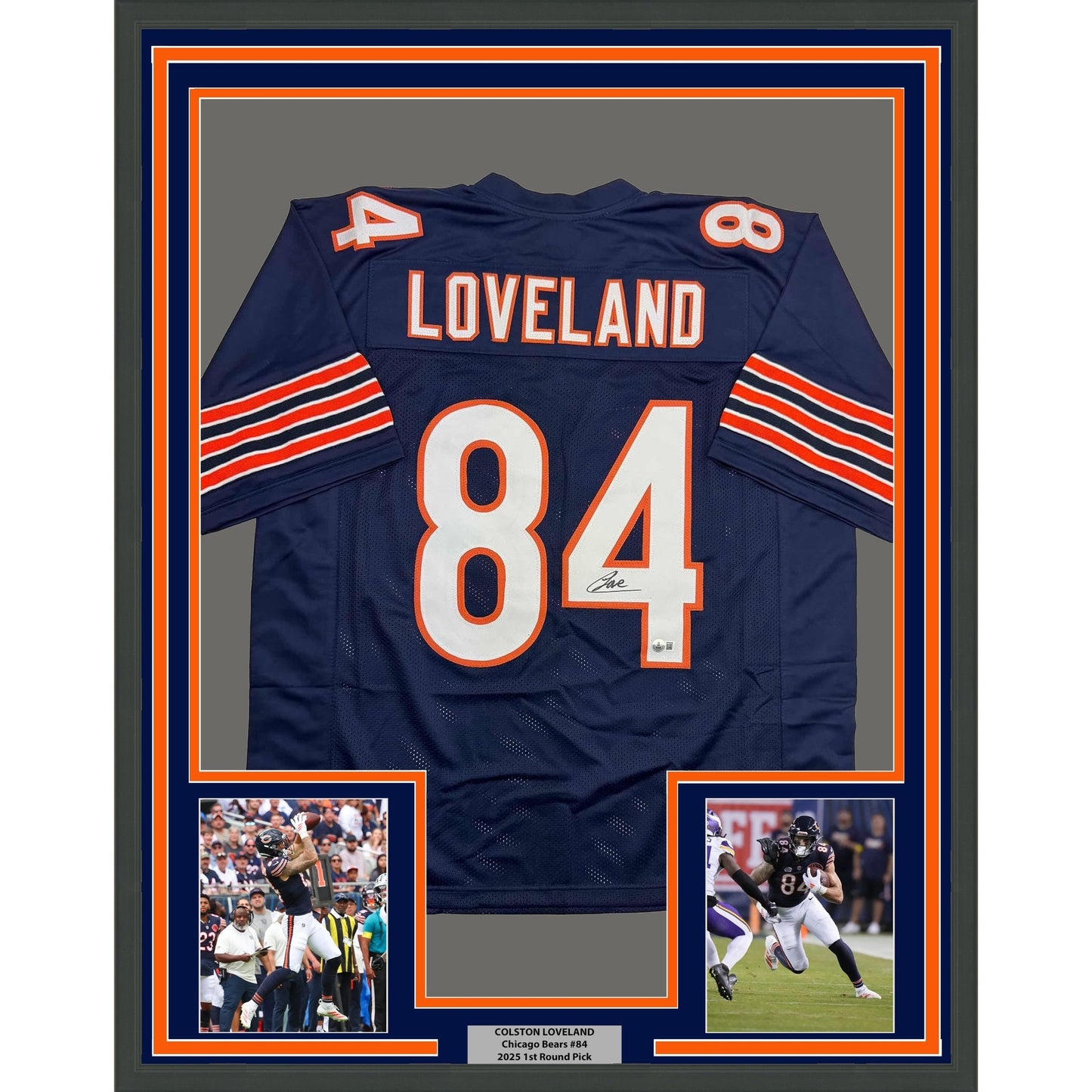 Framed Autographed/Signed Colston Loveland 35x39 Chicago Blue Football Jersey Beckett BAS COA