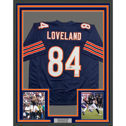 Framed Autographed/Signed Colston Loveland 35x39 Chicago Blue Football Jersey Beckett BAS COA