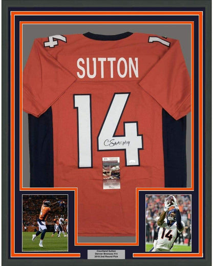 Framed Autographed/Signed Courtland Sutton 35x39 Denver Orange Football Jersey JSA COA