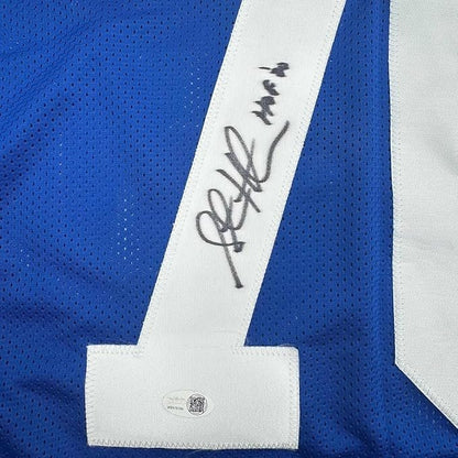 Framed Autographed/Signed Curt Warner 35x39 "3x Pro Bowl" Seattle Blue Retro Football Jersey Beckett BAS COA