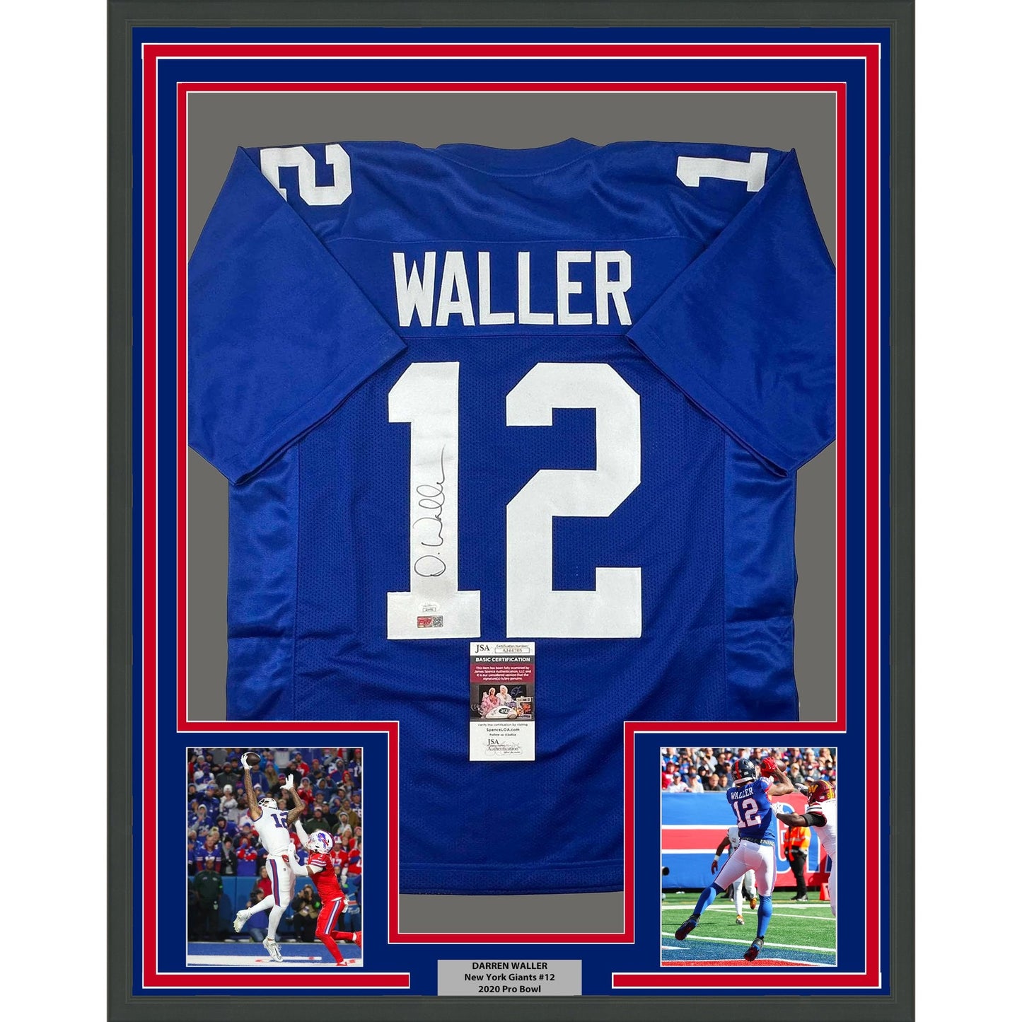 Framed Autographed/Signed Darren Waller 35x39 New York Blue Football Jersey JSA COA