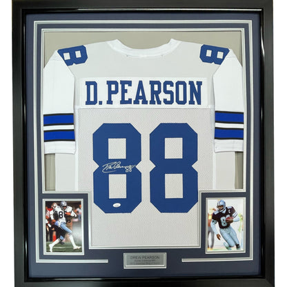 Framed Autographed/Signed Drew Pearson 35x39 Dallas White Football Jersey JSA COA