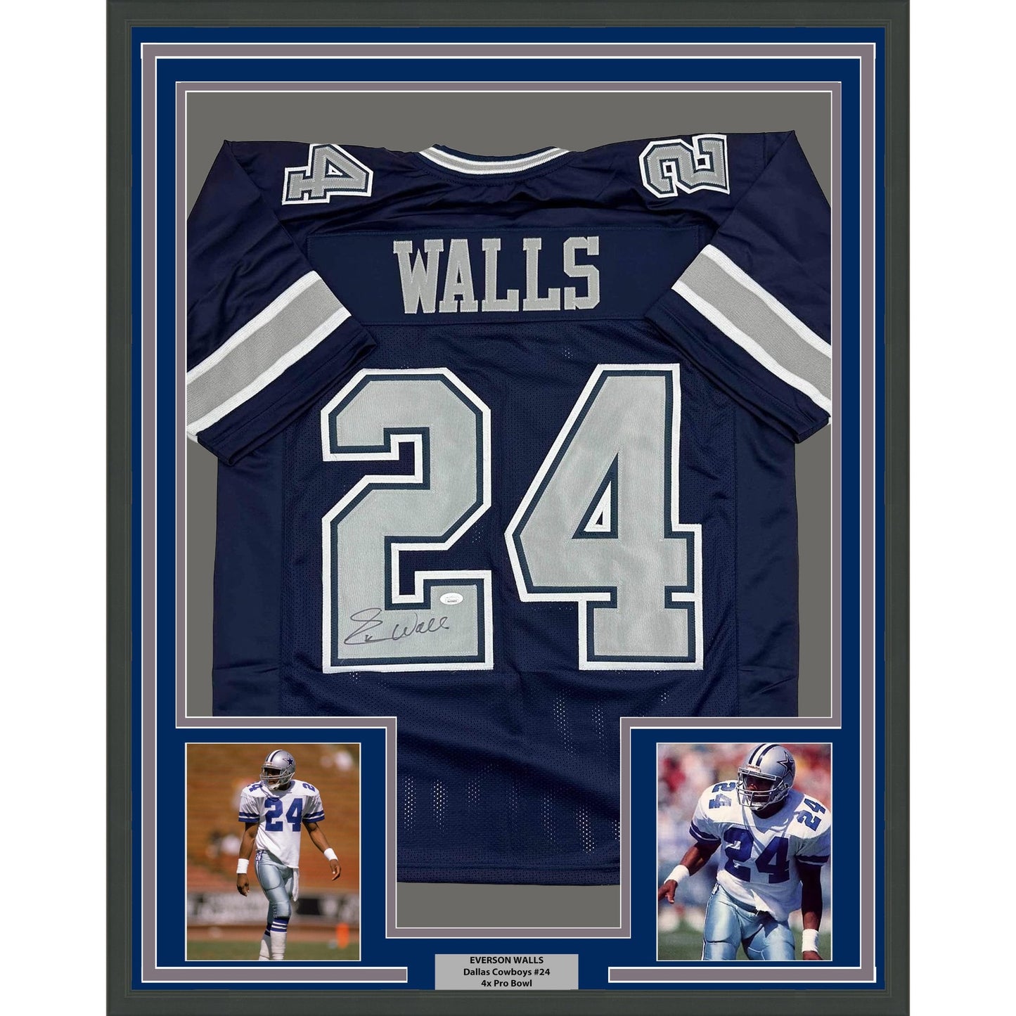 Framed Autographed/Signed Everson Walls 35x39 Dallas Blue Football Jersey JSA COA