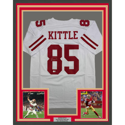 Framed Autographed/Signed George Kittle 35x39 San Francisco White Football Jersey Beckett BAS COA