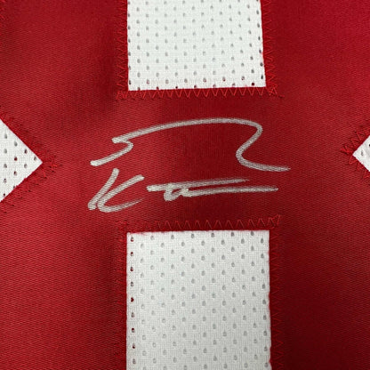 Framed Autographed/Signed George Kittle 35x39 San Francisco White Football Jersey Beckett BAS COA