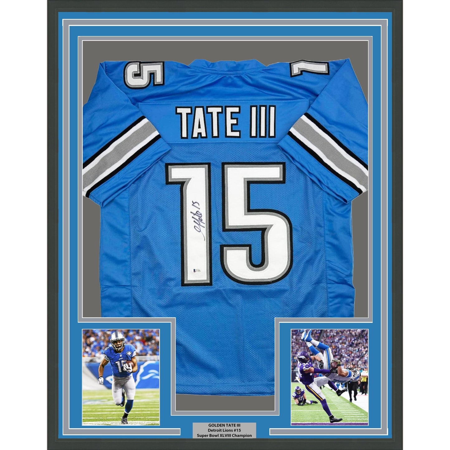 Framed Autographed/Signed Golden Tate 35x39 Detroit Blue Football Jersey Beckett BAS COA