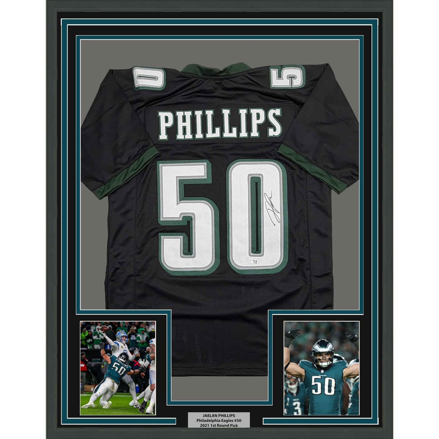 Framed Autographed/Signed Jaelan Phillips 35x39 Philadelphia Black Football Jersey PSA/DNA COA