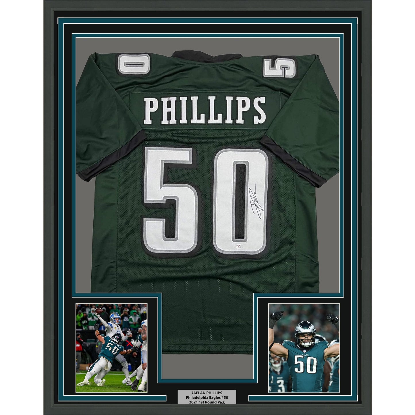 Framed Autographed/Signed Jaelan Phillips 35x39 Philadelphia Midnight Green Football Jersey PSA/DNA COA