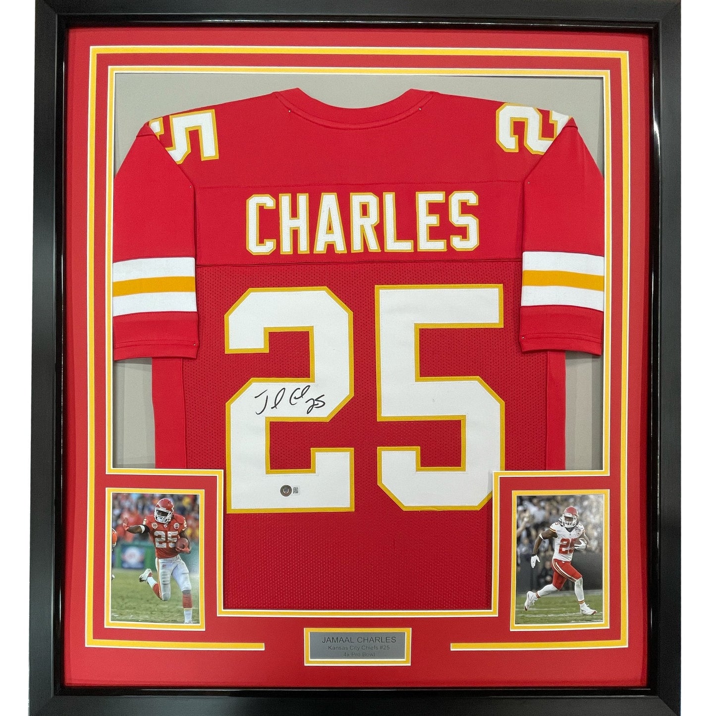 Framed Autographed/Signed Jamaal Charles 35x39 Kansas City Red Football Jersey JSA COA