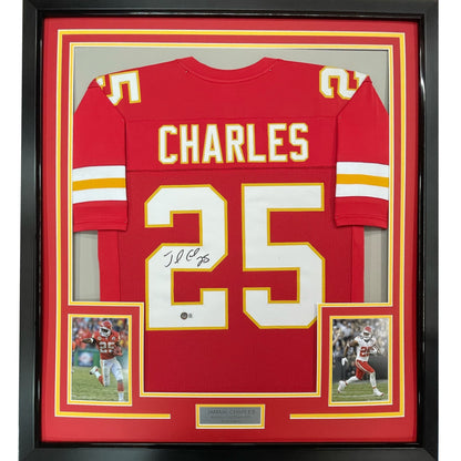Framed Autographed/Signed Jamaal Charles 35x39 Kansas City Red Football Jersey JSA COA