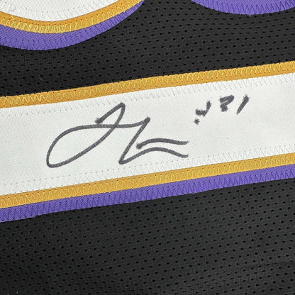 Framed Autographed/Signed Jamal Lewis 35x39 Baltimore Black Football Jersey Beckett BAS COA