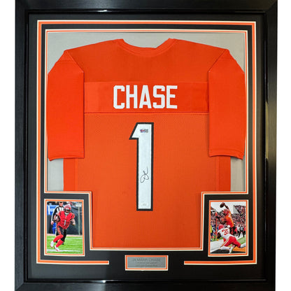 Framed Autographed/Signed Ja'Marr Chase 35x39 Cincinnati Orange Football Jersey Beckett BAS COA
