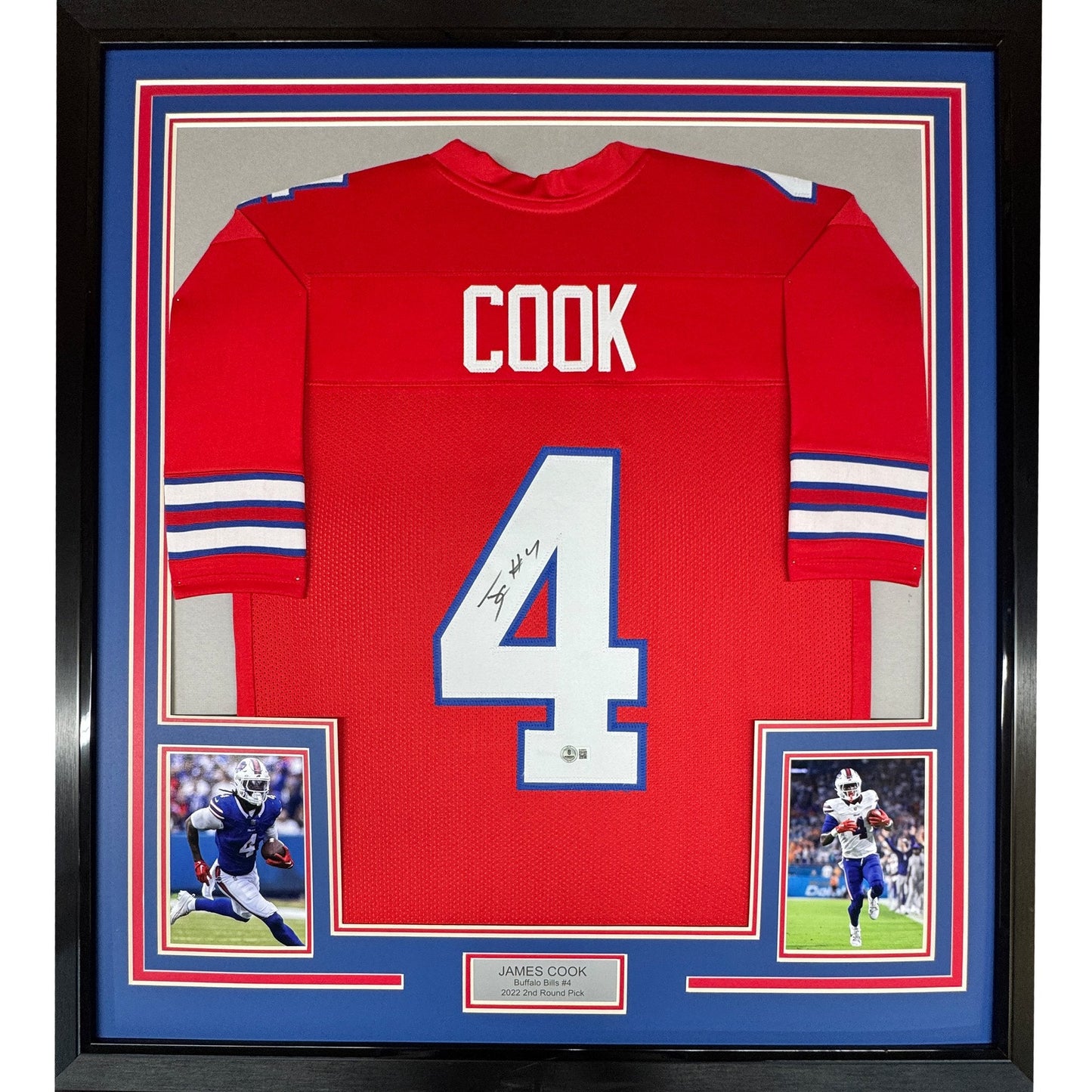 Framed Autographed/Signed James Cook 35x39 Buffalo Red Football Jersey Beckett BAS COA