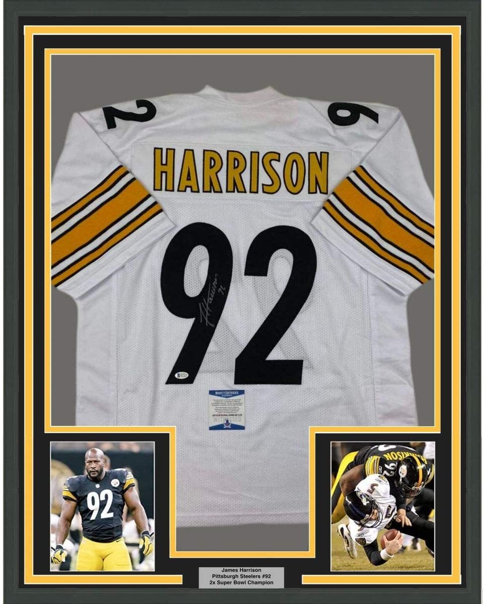 Framed Autographed/Signed James Harrison 35x39 Pittsburgh White Football Jersey Beckett BAS COA