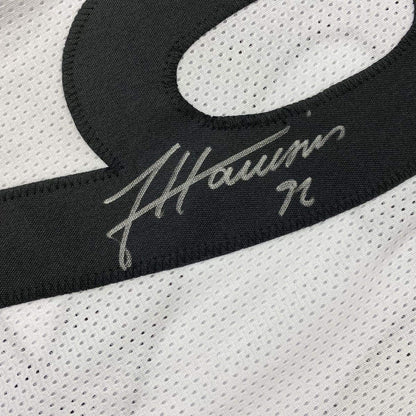 Framed Autographed/Signed James Harrison 35x39 Pittsburgh White Football Jersey Beckett BAS COA