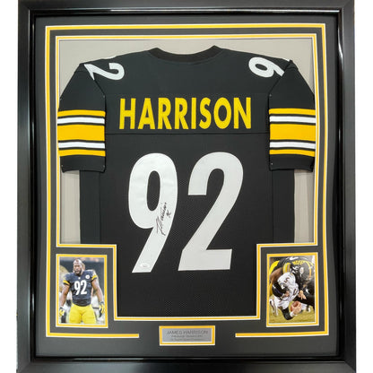 Framed Autographed/Signed James Harrison 35x39 Pittsburgh Black Football Jersey Beckett BAS COA