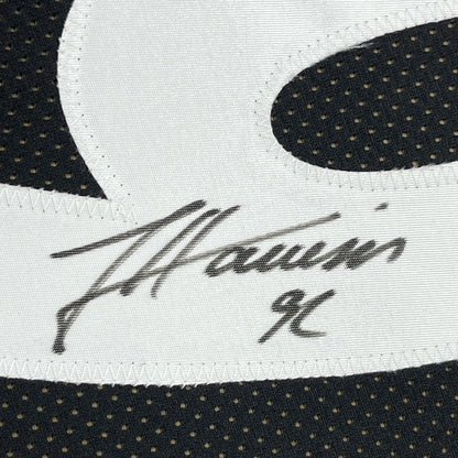 Framed Autographed/Signed James Harrison 35x39 Pittsburgh Black Football Jersey Beckett BAS COA
