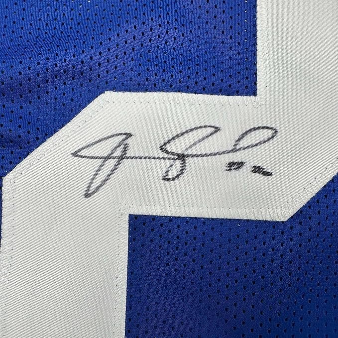 Framed Autographed/Signed Janoris Jenkins Jackrabbit 35x39 New York Blue Football Jersey JSA COA
