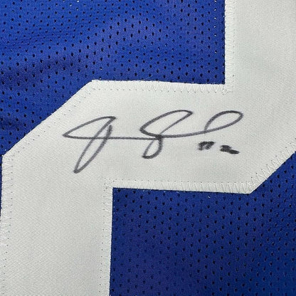 Framed Autographed/Signed Janoris Jenkins Jackrabbit 35x39 New York Blue Football Jersey JSA COA
