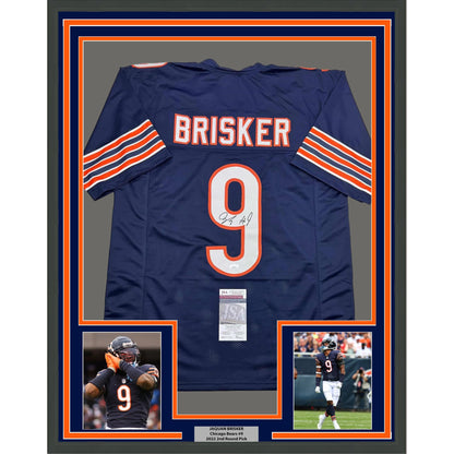 Framed Autographed/Signed Jaquan Brisker 35x39 Chicago Blue Football Jersey JSA COA