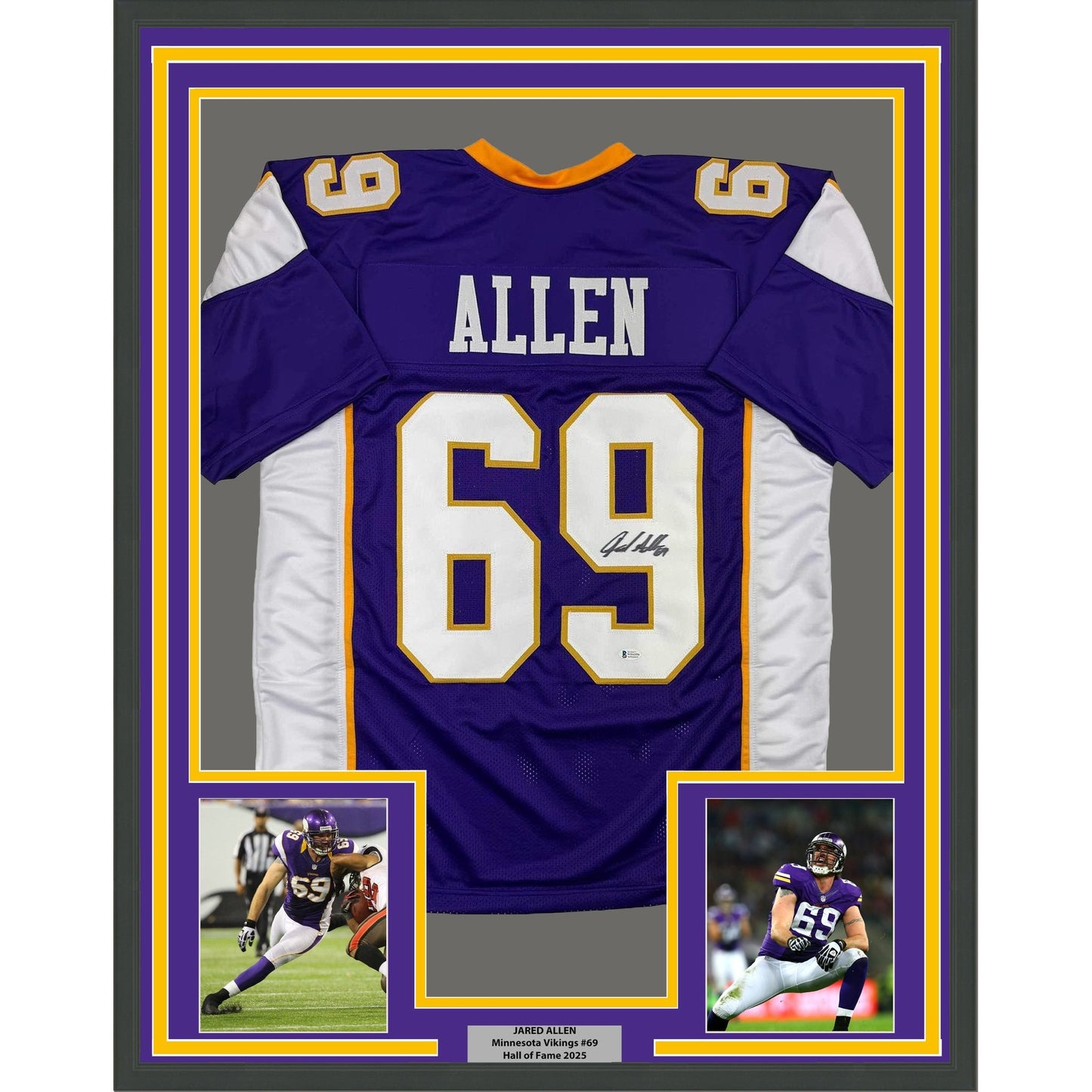 Framed Autographed/Signed Jared Allen 35x39 Minnesota Purple Football Jersey Beckett BAS COA