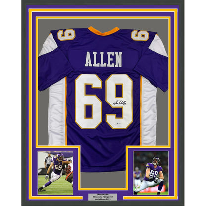 Framed Autographed/Signed Jared Allen 35x39 Minnesota Purple Football Jersey Beckett BAS COA