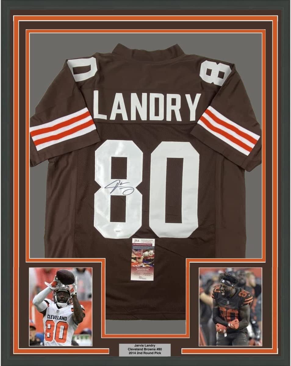 Framed Autographed/Signed Jarvis Landry 35x39 Cleveland Football Brown Jersey JSA COA