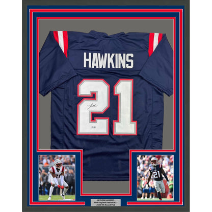 Framed Autographed/Signed Jaylinn Hawkins 35x39 New England Blue Football Jersey Beckett BAS COA