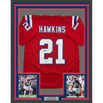 Framed Autographed/Signed Jaylinn Hawkins 35x39 New England Red Football Jersey Beckett BAS COA