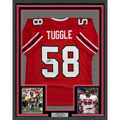 Framed Autographed/Signed Jessie Tuggle 35x39 Atlanta Red Football Jersey JSA COA