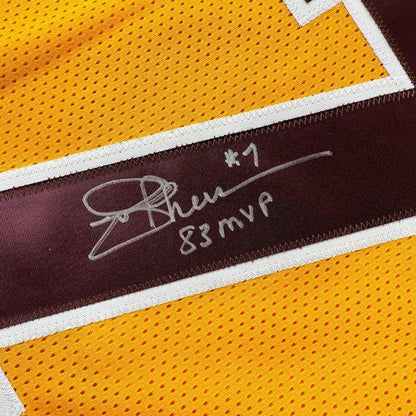 Framed Autographed/Signed Joe Theismann 35x39 83 MVP Washington Yellow Football Jersey JSA COA