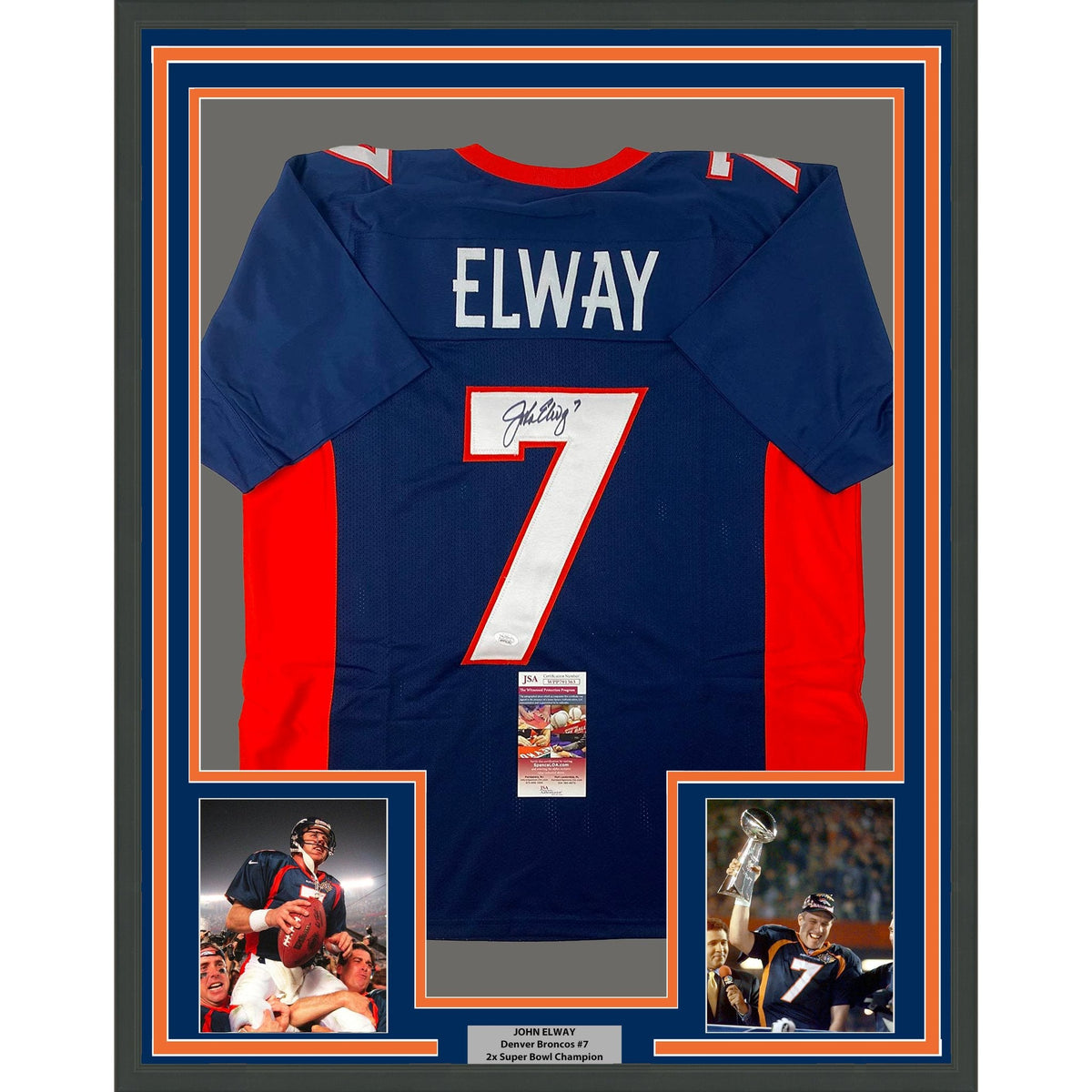 Framed Autographed/Signed John Elway 35x39 Denver Blue Football Jersey JSA COA