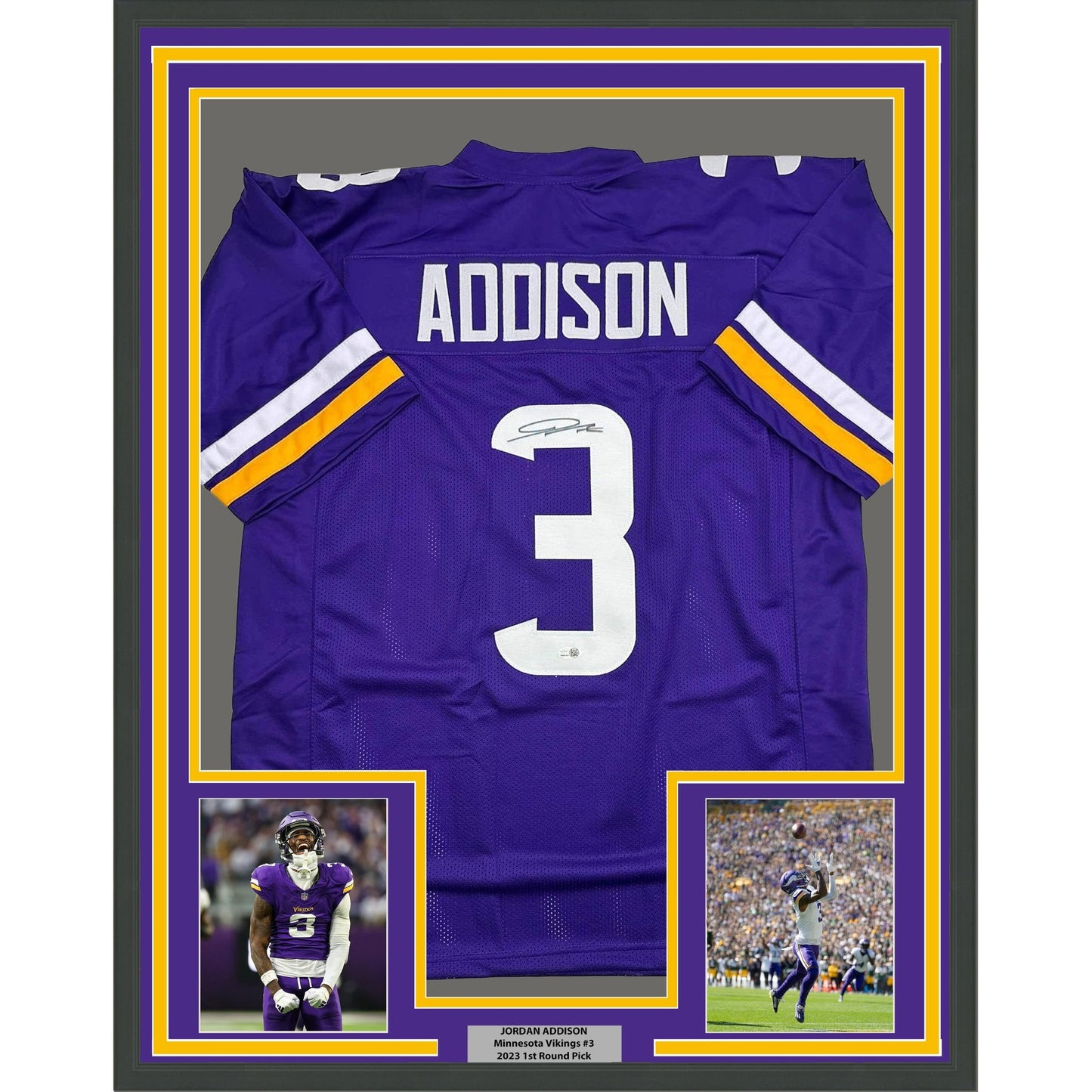 Framed Autographed/Signed Jordan Addison 35x39 Minnesota Purple Football Jersey JSA COA