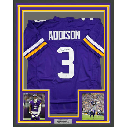 Framed Autographed/Signed Jordan Addison 35x39 Minnesota Purple Football Jersey JSA COA