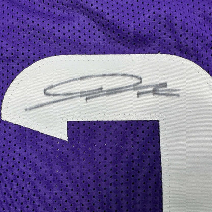 Framed Autographed/Signed Jordan Addison 35x39 Minnesota Purple Football Jersey JSA COA