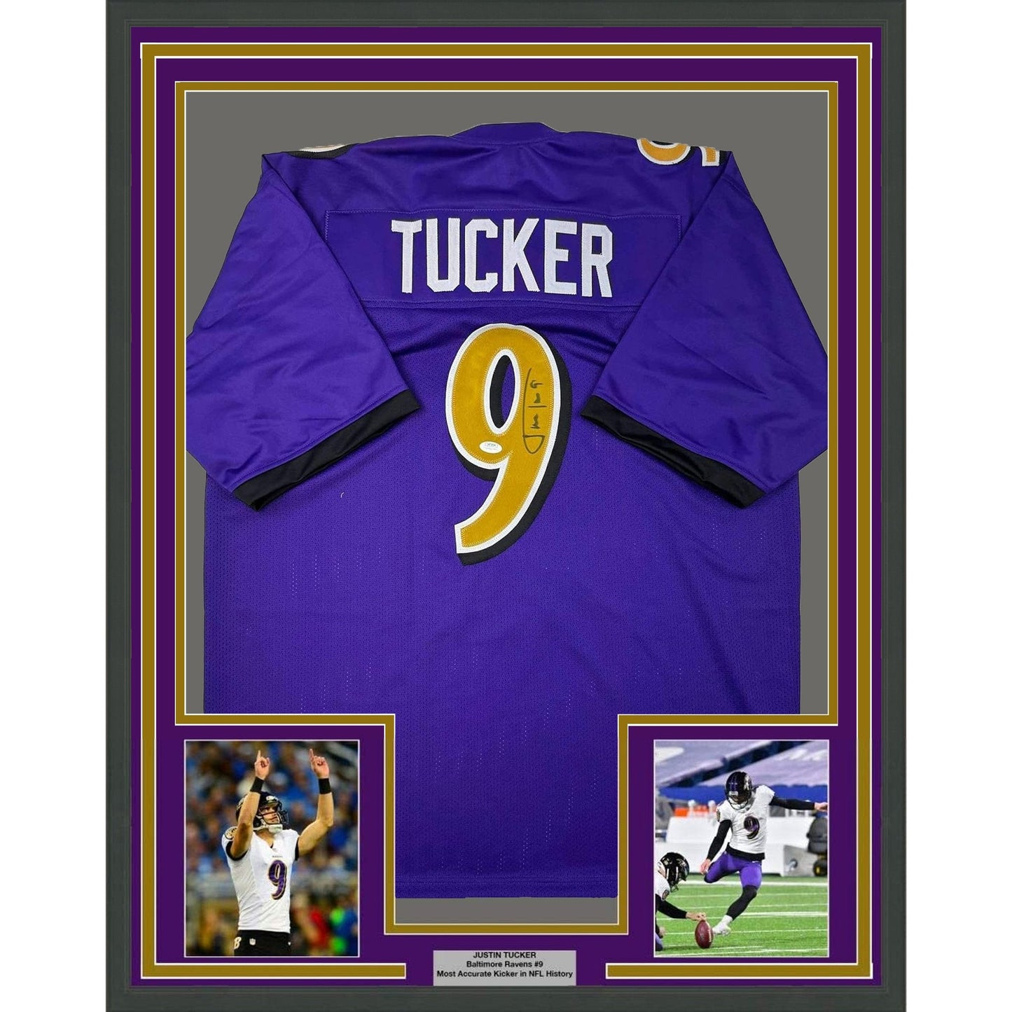 Framed Autographed/Signed Justin Tucker 35x39 Baltimore Purple Color Rush Football Jersey JSA COA