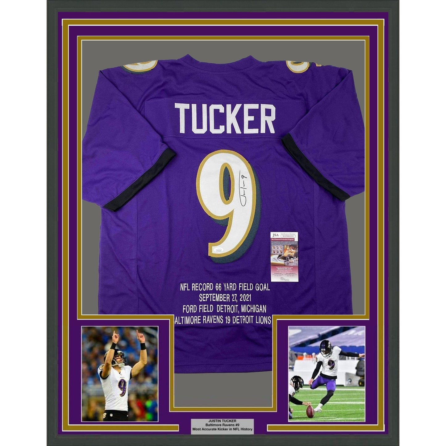 Framed Autographed/Signed Justin Tucker 35x39 66 Yard GW FG Stat Baltimore Purple Football Jersey JSA COA