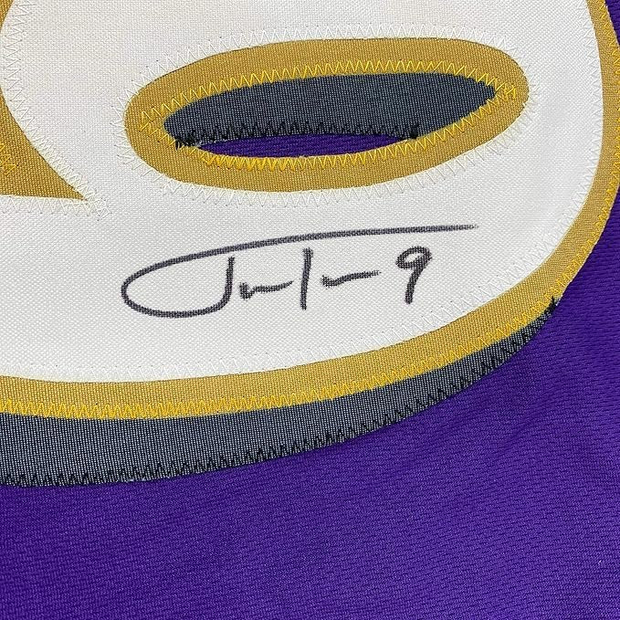 Framed Autographed/Signed Justin Tucker 35x39 66 Yard GW FG Stat Baltimore Purple Football Jersey JSA COA