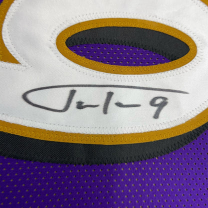 Framed Autographed/Signed Justin Tucker 35x39 Baltimore Purple Football Jersey JSA COA