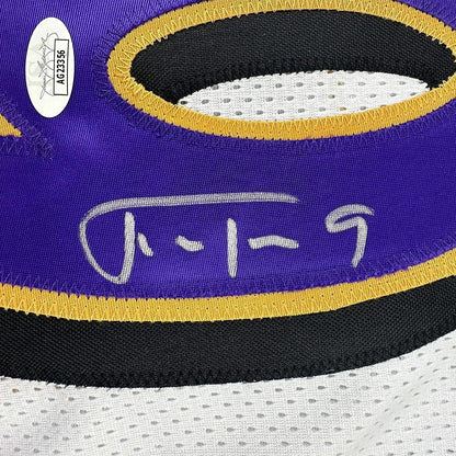 Framed Autographed/Signed Justin Tucker 35x39 Baltimore White Football Jersey JSA COA