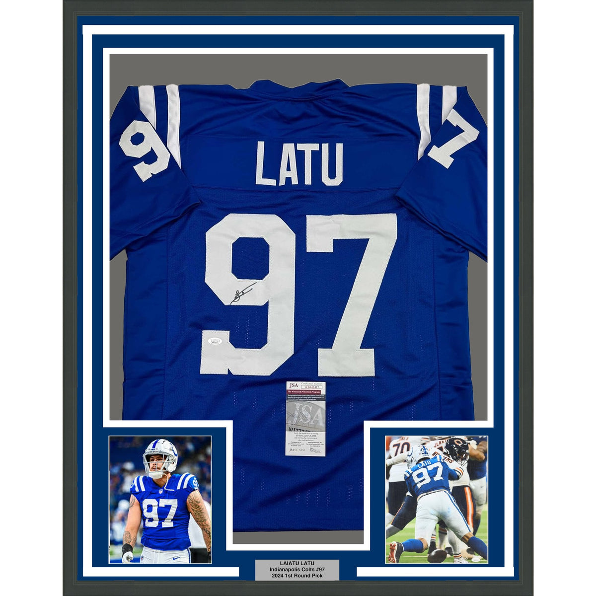 Framed Autographed/Signed Laiatu Latu 35x39 Indianapolis Blue Football Jersey JSA COA