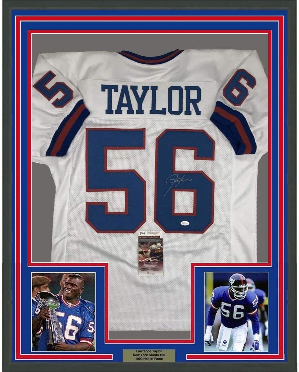 Framed Autographed/Signed Lawrence Taylor 35x39 New York White Football Jersey JSA COA